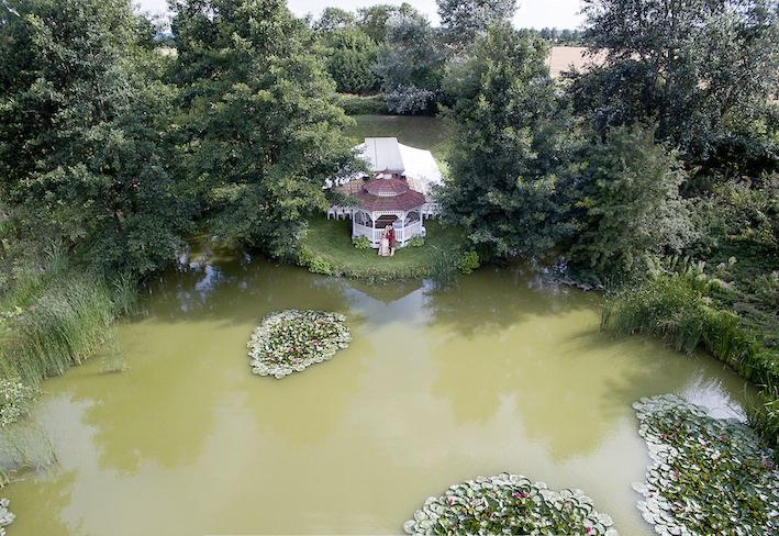 Minstrel Court lake Wedding Pavilion from a Drone